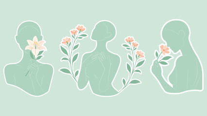 Minimal faceless women floral sticker set in soft sage pastel palette, elegant vector silhouettes with blooming branches, perfect for social media posts, branding, beauty packaging, cards, planners.