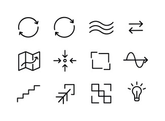 Paradigm Shift Icons. paradigm shift. Line icon set of paradigm shift: reset cycle, renewal loop, dynamic flow, shift arrow pair, evolving map, shift anchor