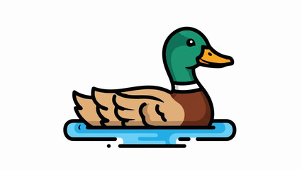 A stylized mallard duck with green head and brown body floats on blue water
