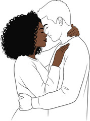 Romantic couple silhouette embracing with closed eyes in love