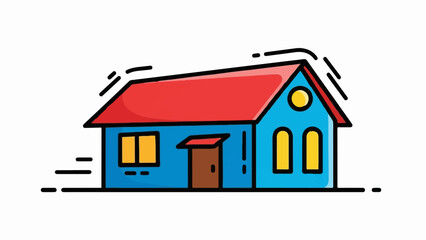 Fototapeta premium A simple, stylized blue house with a red roof and yellow windows