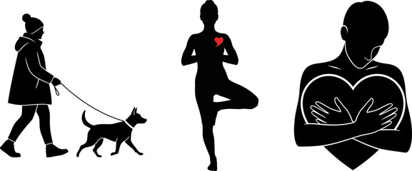 Woman walking dog yoga pose and woman embracing heart
