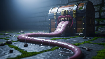 Mysterious treasure chest with giant tongue emerging in dark mysterious setting