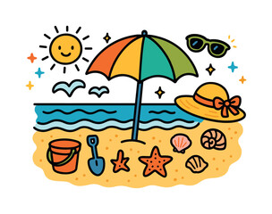Naklejka premium Seaside Fun Doodles. Seaside Umbrella Spot. Colorful Hand-drawn doodle Children illustration umbrella, shoreline, seashells, starfish, bucket,