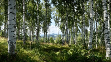 Obraz premium Calm summer forest with white-barked trunks and green undergrowth