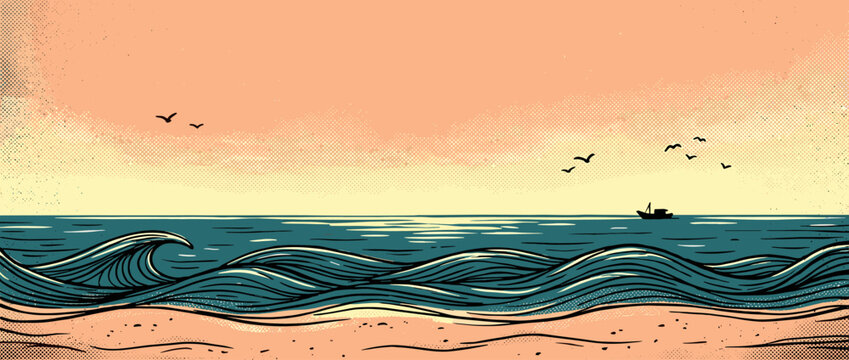 Stylized seascape illustration with rolling ocean waves crashing on a sandy beach under a warm sunset sky with a distant boat and birds in a vintage comic book art style