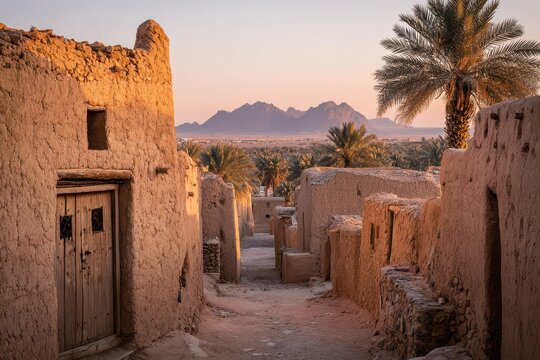 Calm twilight in a desert village of adobe houses and palm shadows