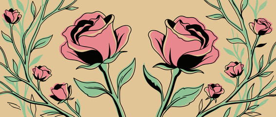 Symmetrical pink rose floral illustration with thorny branches and leaves in a vintage graphic art style with bold black outlines and a romantic mood