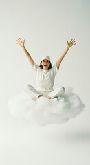 A person, looking happy, on cloud nine