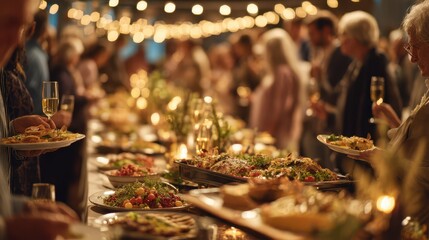 Candid moment of shared plates and toasts at an elegant dining hall buffet