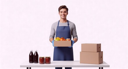 A smiling person in the midst of volunteering distributing food at a food bank with an expression of compassion and community spirit