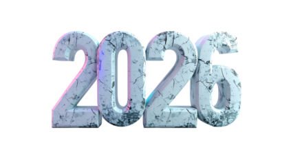 3D rendered, cracked, metallic "2026" on black background