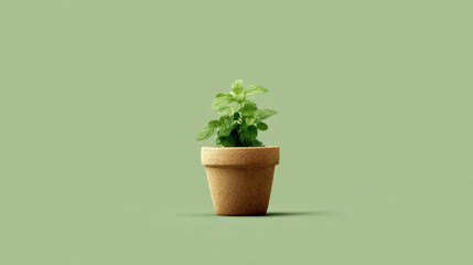 Small Green Plant in a Pot on a Soft Green Background