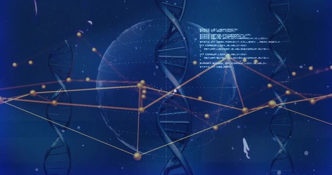 DNA strands and network connections animation over rotating globe with data