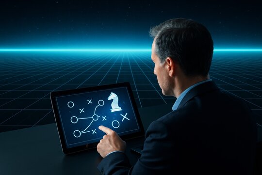 Businessman analyzing digital strategy chessboard on futuristic tablet in neon blue light on grid background. Ai generative. Ai generative - Powered by Adobe