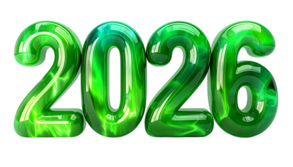 Vibrant, emerald green, glossy, numbers, "2026," against black