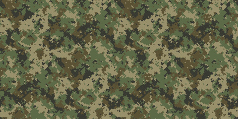 Intricate digital camouflage pattern in earthy greens, browns, and tans.  Perfect for military, hunting, or outdoor themed designs. © Olena