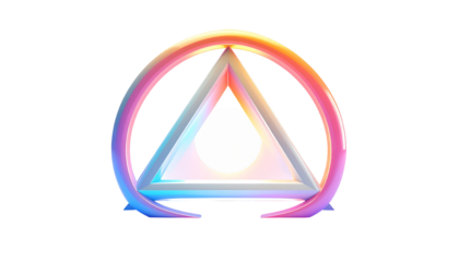Geometric iridescent emblem, triangle, circle, sphere, black background