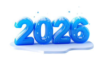 Frosted blue numbers 2026 sit on a snowdrift, floating against black