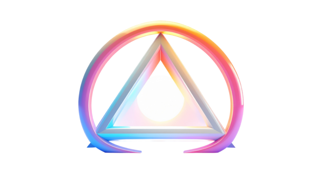 Geometric iridescent emblem, triangle, circle, sphere, black background - Powered by Adobe