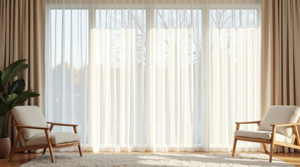 Contemporary open plan interior featuring elegant off-white curtains. Soft diffused daylight, neutral palette and premium textile decor for modern luxury living spaces