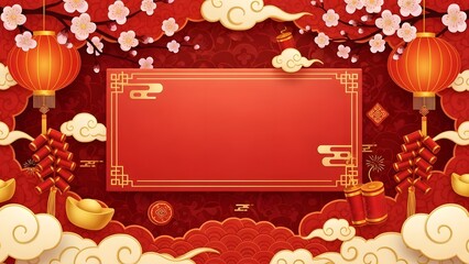 Vibrant red Chinese New Year background with traditional lanterns, cherry blossoms, firecrackers, gold ingots, and a decorative frame for festive greetings.