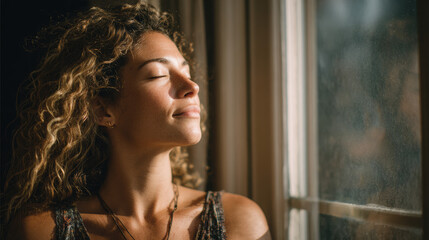 Positive Lifestyle Energy with Mindful Woman Relaxing by Window
