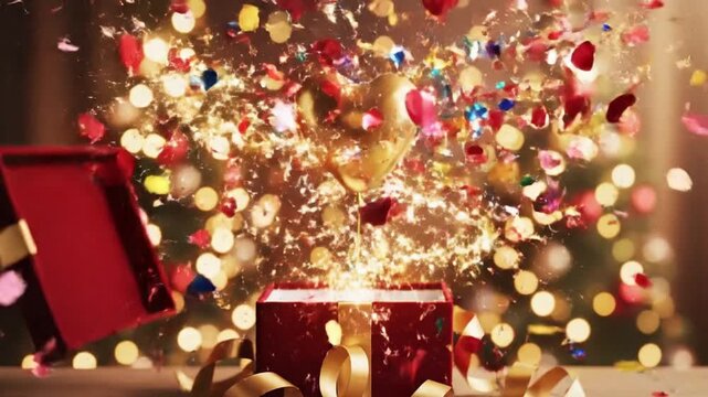 A red gift box opens revealing an explosion of colorful confetti and red heart shapes with soft glowing bokeh lights in the background