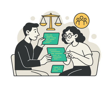 Ethical Code Analysis. Ethical code review. Developers analyze glowing code blocks while justice scales and community icons float in their workspace. Modern
