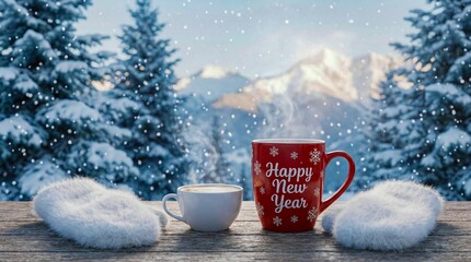 A red mug with the words Happy New Year written on it sits on a table next to a white mug. The scene is set in a snowy mountain setting, with trees in the background