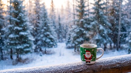 A mug with a santa Claus design sits on a railing in the snow. The scene is peaceful and serene, with the snow-covered trees in the background. The mug is a symbol of warmth and comfort
