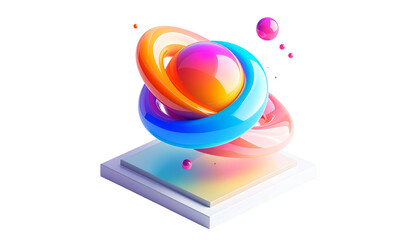 Colorful 3D abstract shapes hover above a geometric square platform