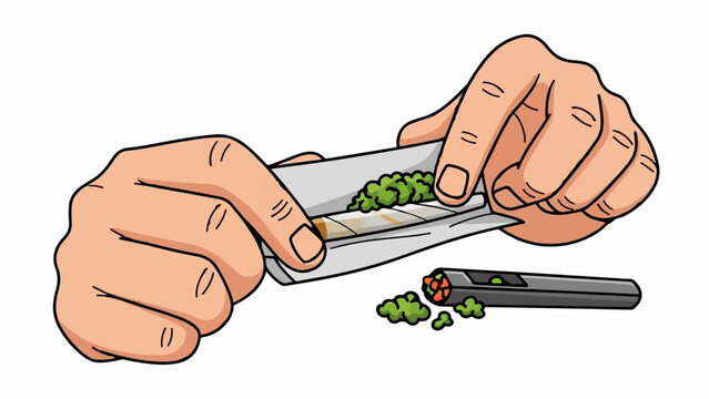 Hands rolling a cigarette with loose herbs and a rolling device