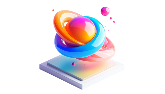 Colorful 3D abstract shapes hover above a geometric square platform - Powered by Adobe