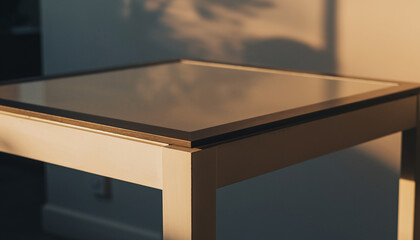 Close-up of a modern square table with a glass top and wooden frame, illuminated by warm sunlight creating soft shadows on the wall, highlighting contemporary interior design and furniture detail.