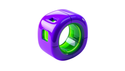 Glossy purple cube with a green circular core and square window