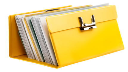 A bright yellow file organizer with silver hardware on a black background