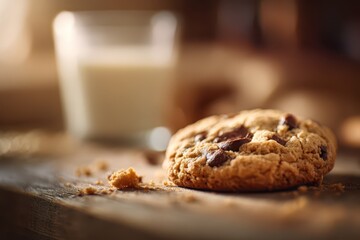 Chocolate chip cookie on a wooden surface, comforting home baking scene