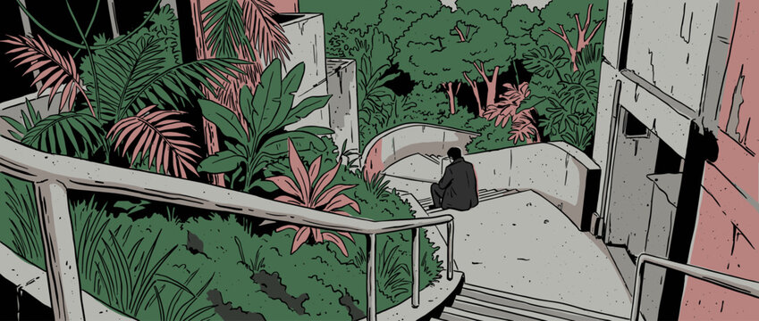 Graphic novel style illustration of a lonely man sitting on winding concrete stairs in a pensive mood, surrounded by overgrown tropical plants in a neglected urban park