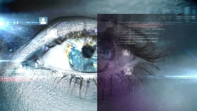 Close-up of human eye with digital interface and data overlay animation