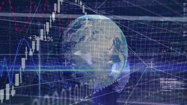 Globe with financial graphs and data processing animation over digital background