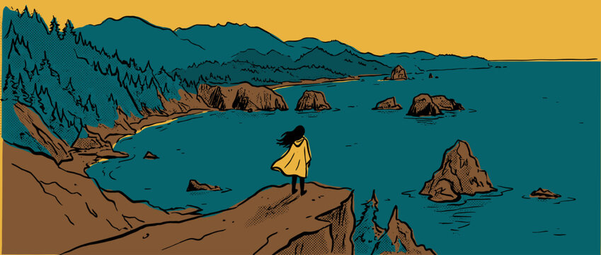 Lone woman in a yellow raincoat stands on a cliff edge overlooking a dramatic ocean coastline with sea stacks and mountains in a graphic comic book illustration style