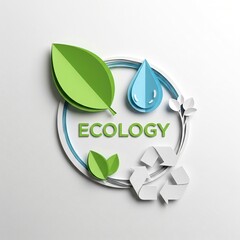A papercraft logo for ecology with the text in the center, surrounded by a leaf, a water drop, and a recycling symbol