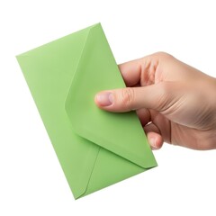 Fototapeta premium Hand holding green envelope on white background for mail or correspondence concepts