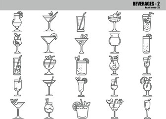 Cocktail Line Icons Set &ndash; Bar Drinks, Mocktails, Alcoholic & Non-Alcoholic Beverage Outline Symbols, Editable Vector Pack