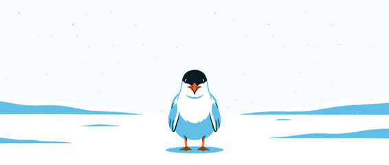 Charming blue and white cartoon bird with a black head and orange beak stands centered in a vast, minimalist snowy landscape as light snow falls gently from the sky