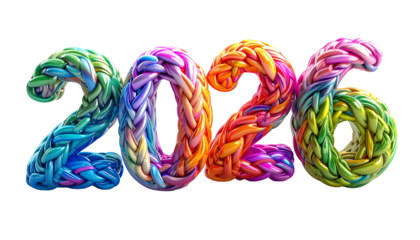 Braided, colorful numbers "2026" on black background