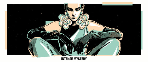 Mysterious and fashionable illustrated woman with an intense gaze sits forward wearing large flower earrings and long black gloves in a bold graphic novel art style