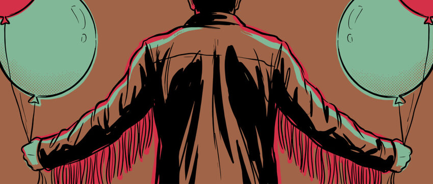 Man from behind in a brown fringed jacket holds two balloons in a graphic comic book style illustration with bold outlines and a retro color palette