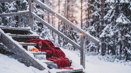 A staircase covered in snow with a red blanket on it. The blanket is draped over the steps and there are two oranges on the steps. The scene is peaceful and serene, with the snow